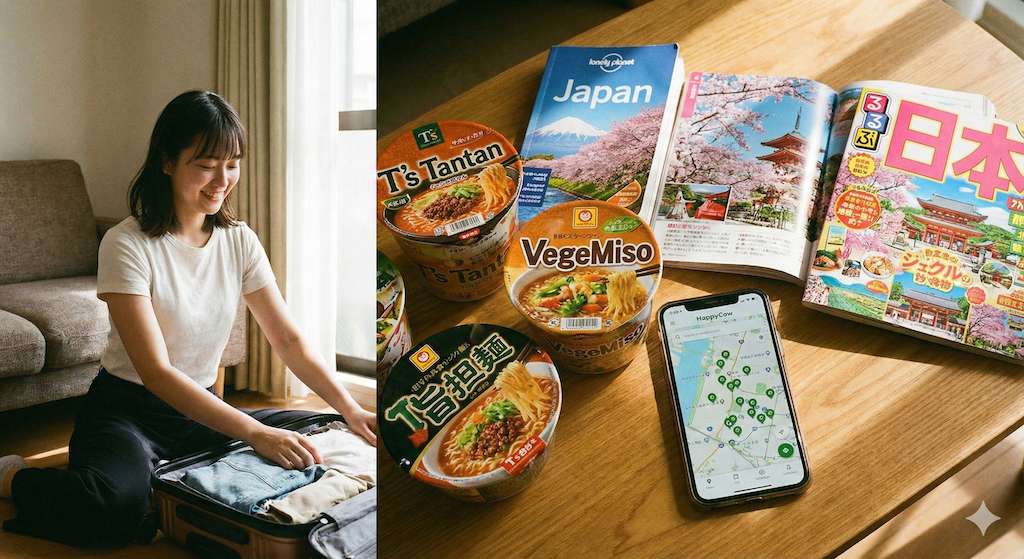 日本素食旅遊準備: 一位女生在家中整理行李，桌上放著素食泡麵、手機顯示 HappyCow App，背景是日本旅遊指南