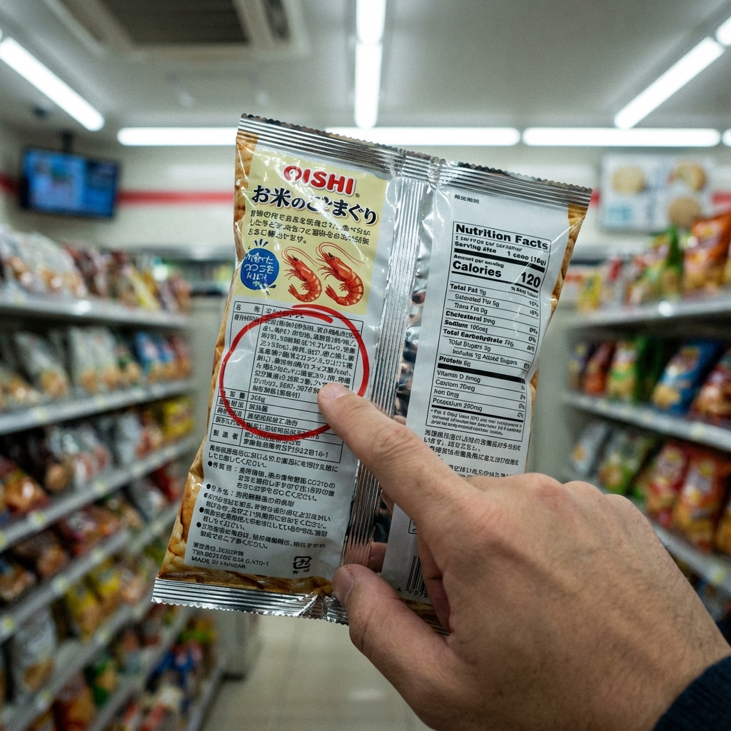 一張清晰的日文成分表特寫，用紅圈圈出「鰹」、「魚介」等關鍵字（示意圖）