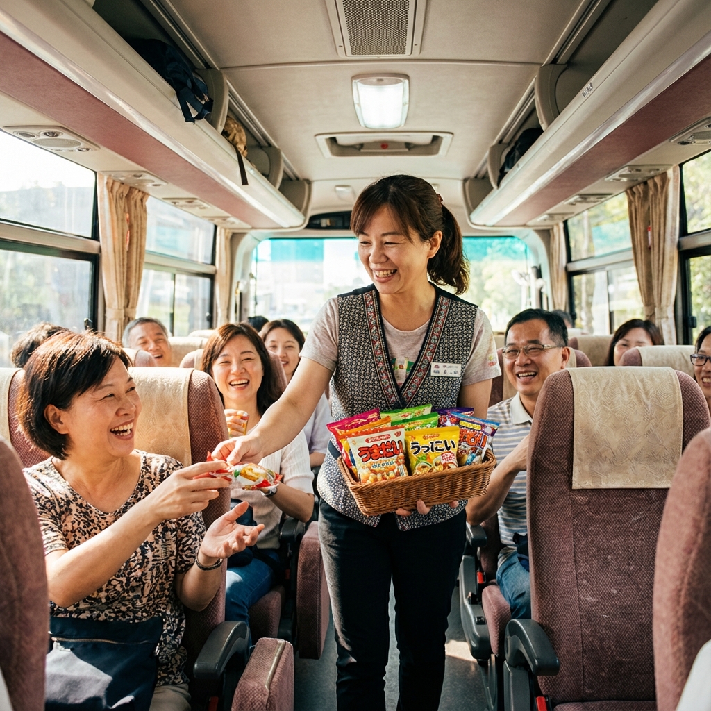 阿玩領隊在遊覽車上發送精選的日本素食零食給團員，大家開心的樣子