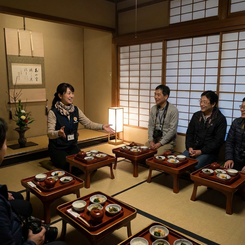 阿玩領隊在充滿禪意的空間，微笑著為團員介紹桌上的料理