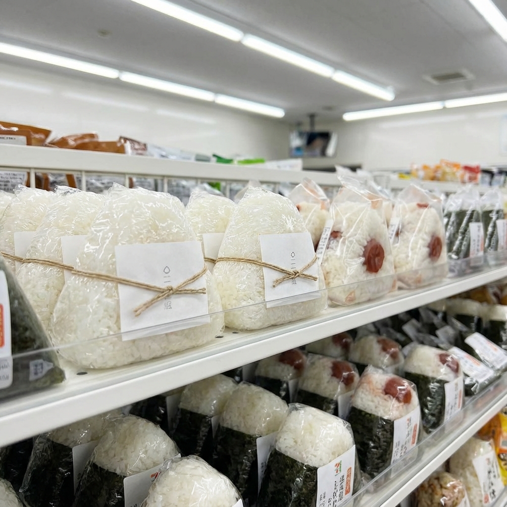 便利商店貨架上排列整齊的御飯糰，特寫「梅」和「塩」口味
