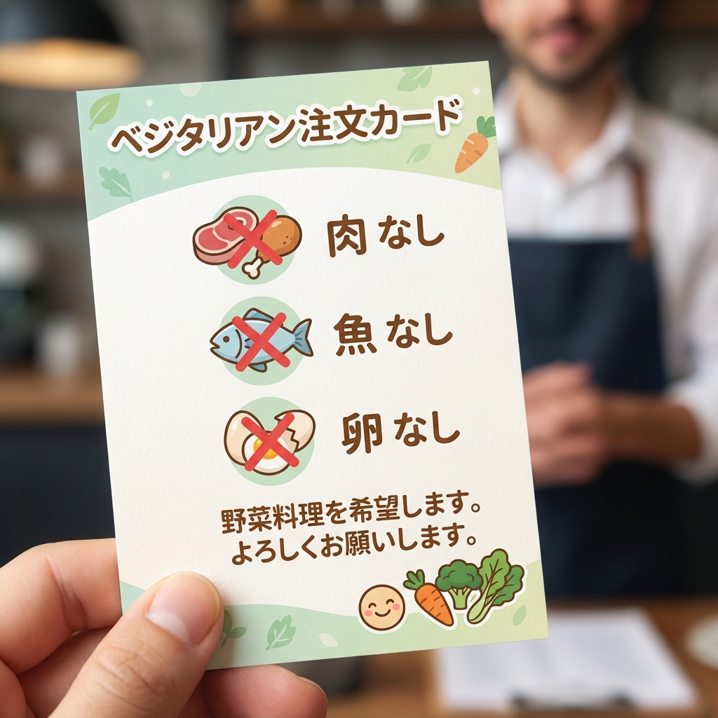 一張清晰的素食手指點餐卡示意圖，上面有日文與可愛圖示