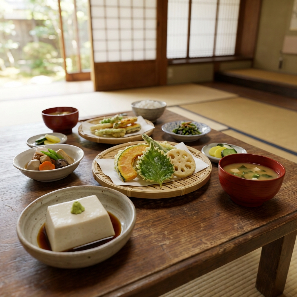 精緻的精進料理擺盤，包含胡麻豆腐、季節時蔬，背景是日式塌塌米