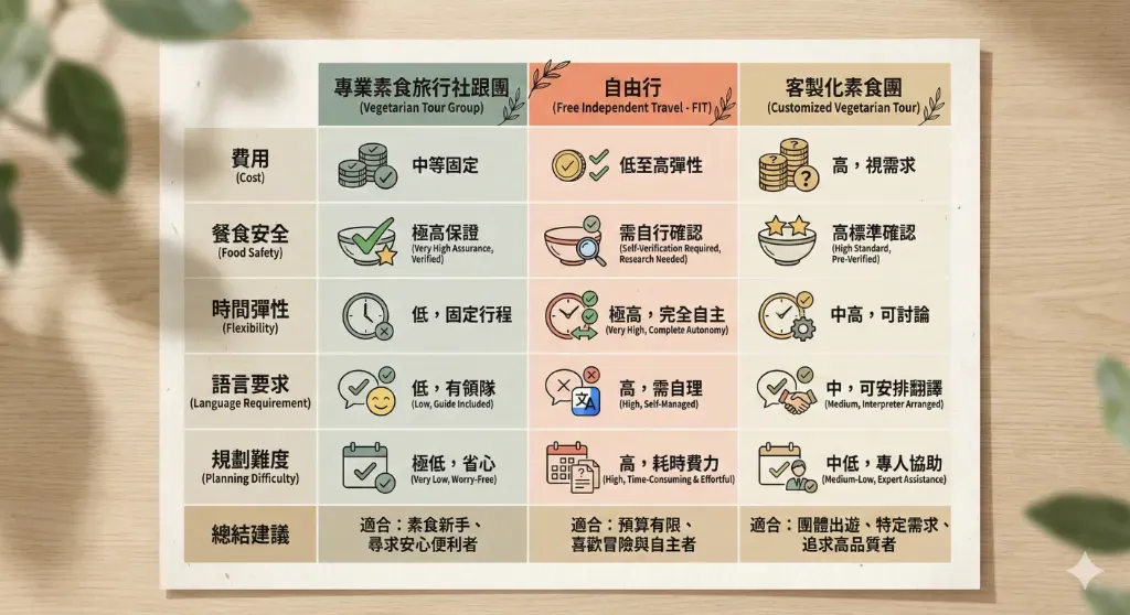 素食旅行社比較: 3x5 決策矩陣表格，比較專業素食旅行社跟團、自由行、客製化素食團三種選擇，從費用、餐食安全、時間彈性、語言要求、規劃難度五個維度進行評